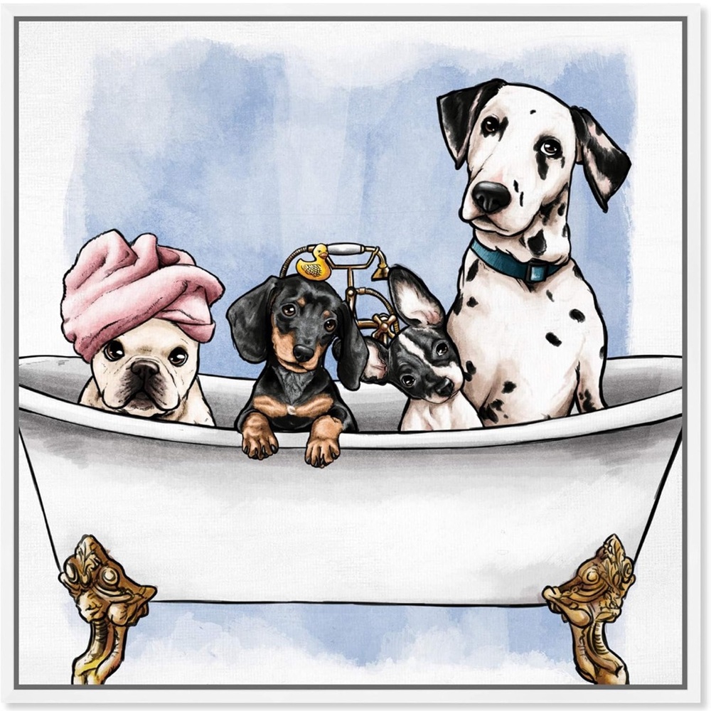 Oliver Gal Dalmatian dogs Bath Bathtub Canvas Art frame decor Blue White Pink